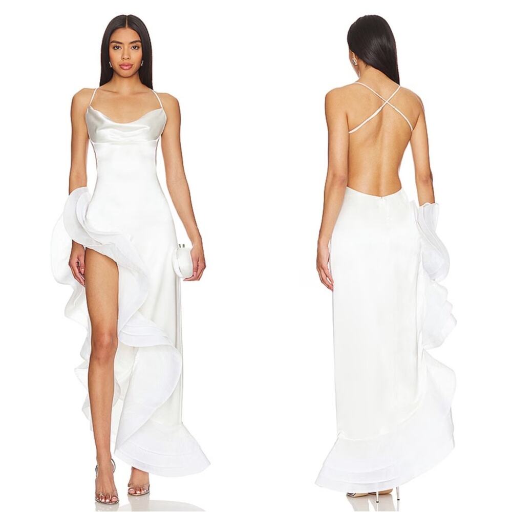 RETROFETE Kaitlin Ruffle High Low Cutout White Maxi Dress Size Small